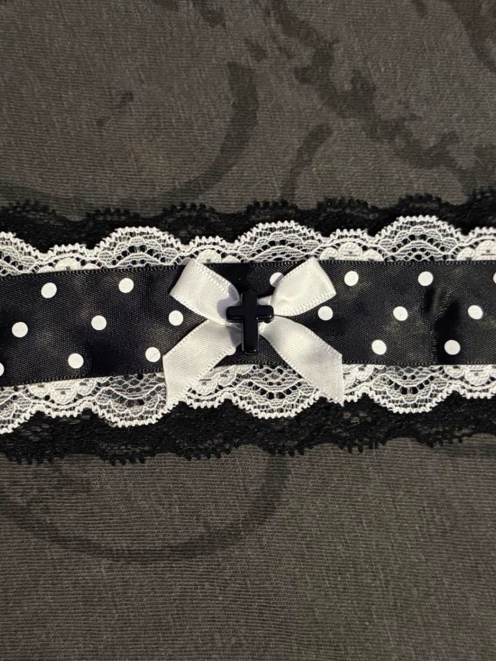 Black & White Polka Dot Lace Bracelet with Bow and Cross